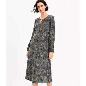 LOFT Spring Leopard Print Black Midi Shirtdress Viscose Long Sleeve Size 12